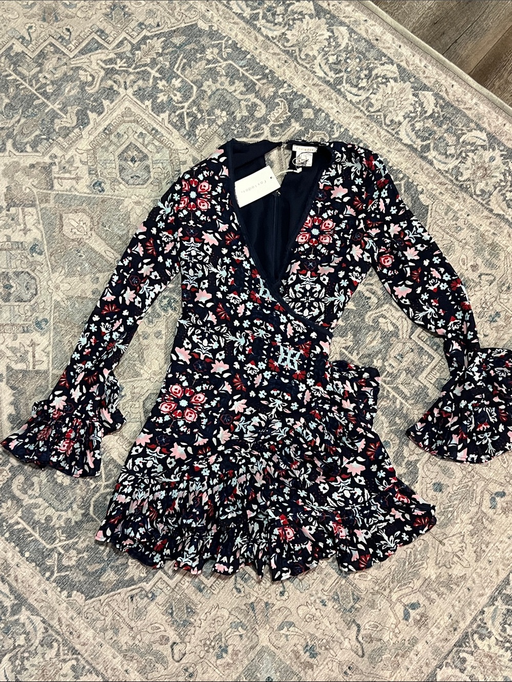 foxiedox Black Floral Wrap Mini Dress with Ruffle Hem
